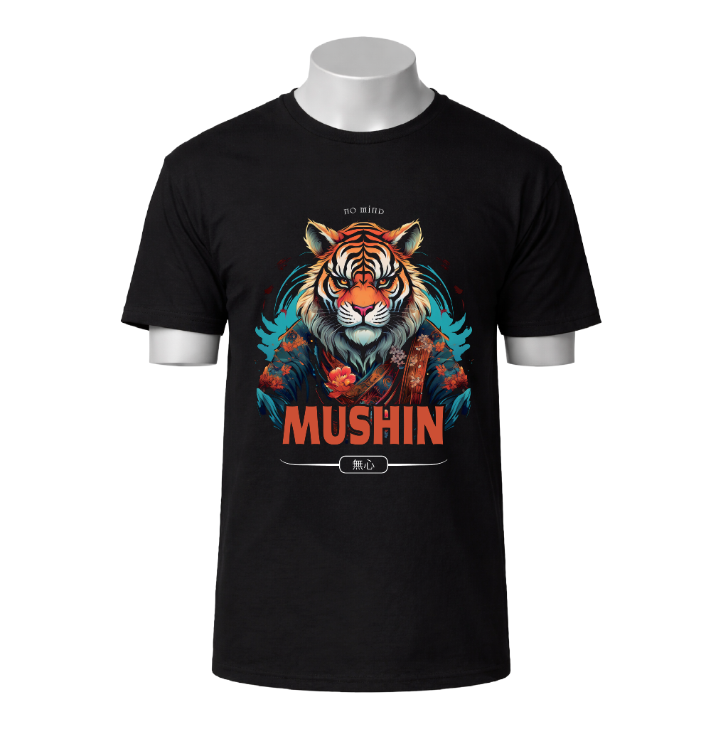 Black t-shirt with a tiger graphic and 'MUSHIN' text on a white background