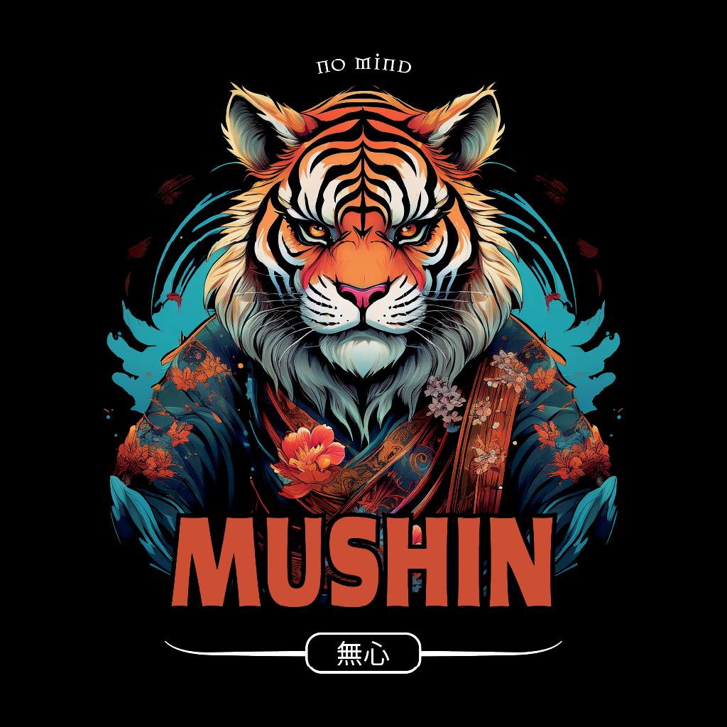Tiger with floral and abstract design, featuring the word 'MUSHIN' on a black background.