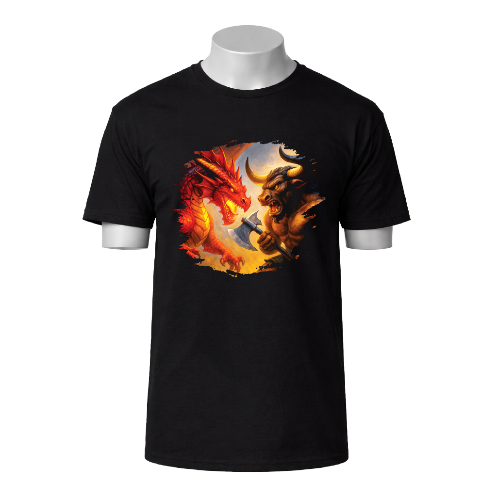 Black t-shirt with a dragon and bull graphic on a white background