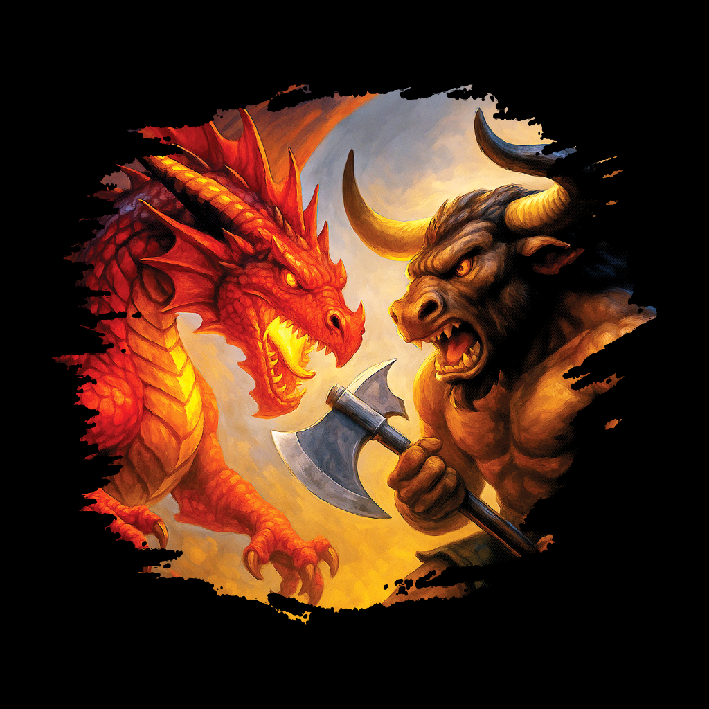 Illustration of a dragon and a bull facing each other with a sword between them, set against a dark background.
