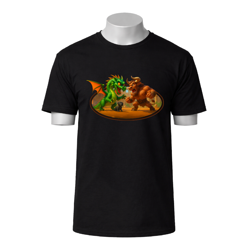 Black t-shirt with a graphic of a dragon and a bear on a white background