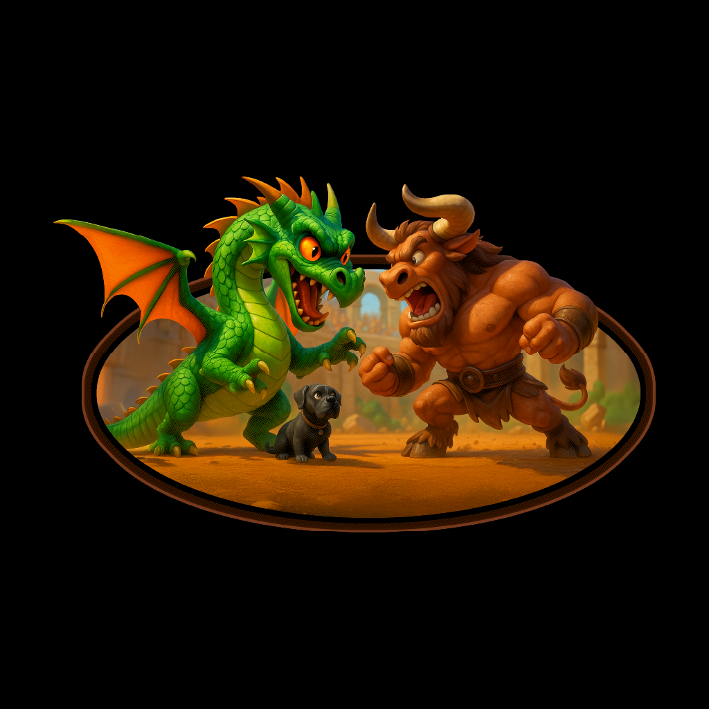 Illustration of a green dragon and a brown bull facing each other on a black background