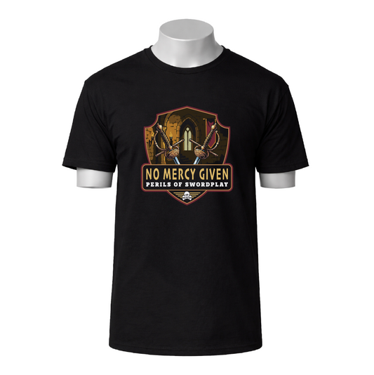 Black t-shirt with 'No Mercy Given' graphic design on a white background