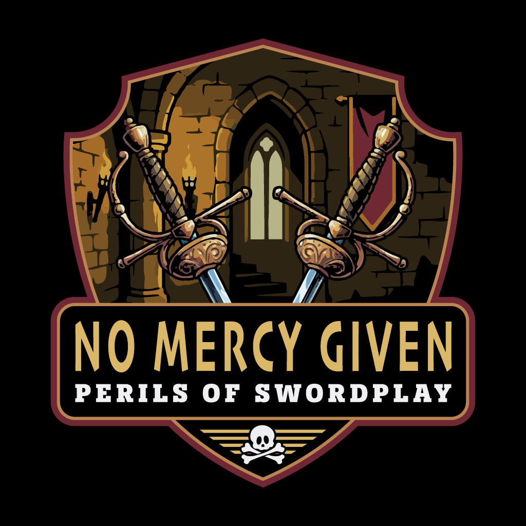 Logo with crossed swords, stone archway, and 'No Mercy Given: Perils of Swordplay' text on a dark background.