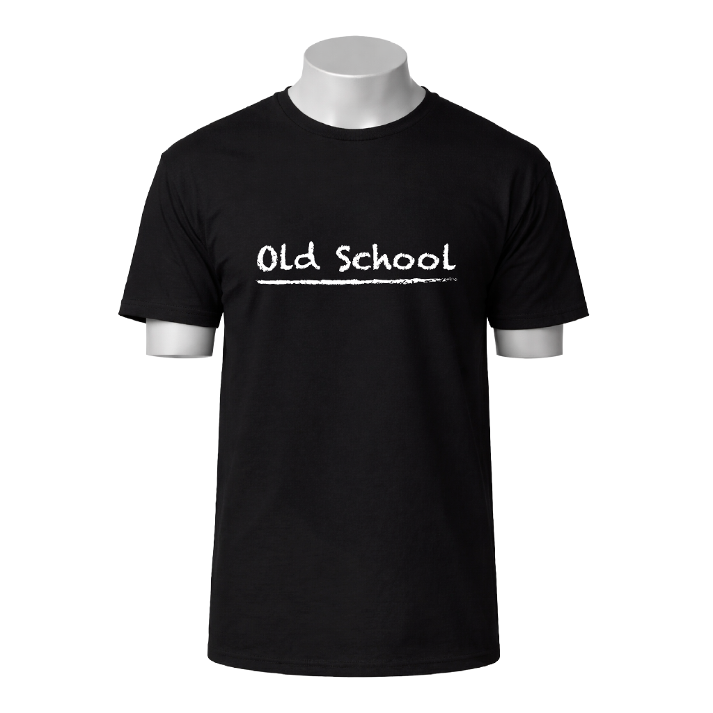 Black t-shirt with 'Old School' text on a white background