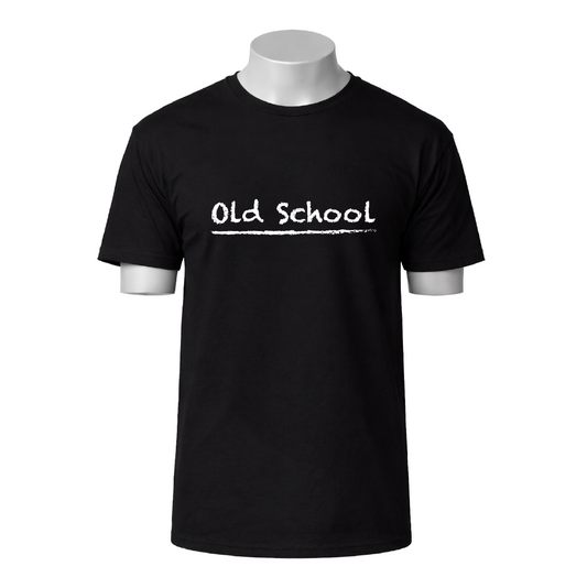 Black t-shirt with 'Old School' text on a white background