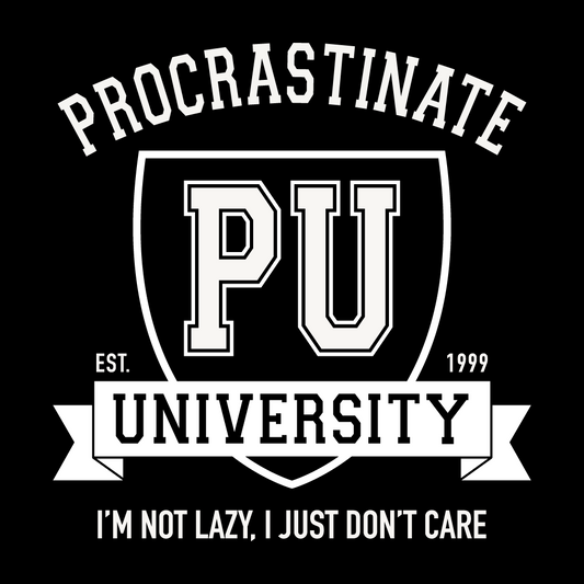 Black t-shirt with 'Procrastinate University' text and logo on a black background