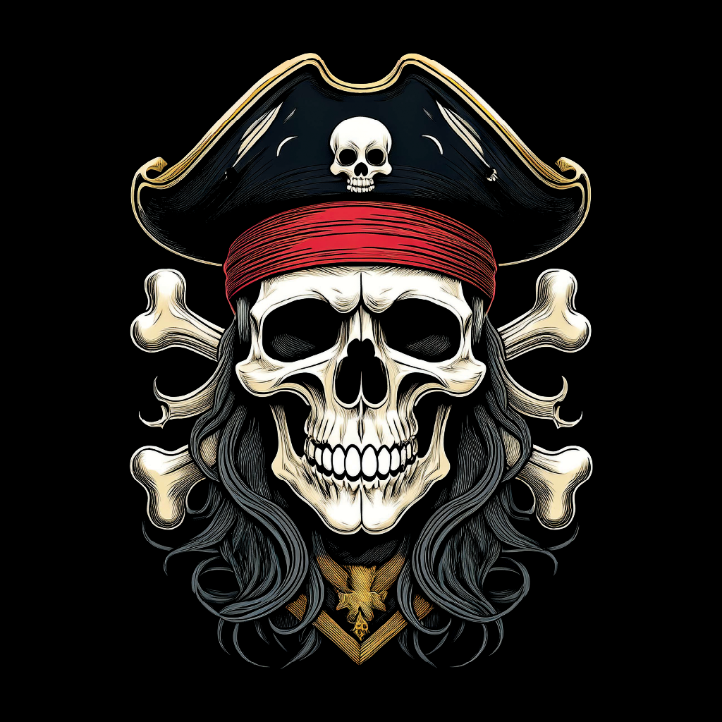Pirate skull with tricorn hat and crossed bones on a black background