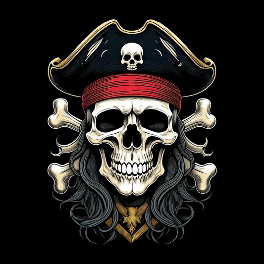 Pirate skull with tricorn hat and crossed bones on a black background