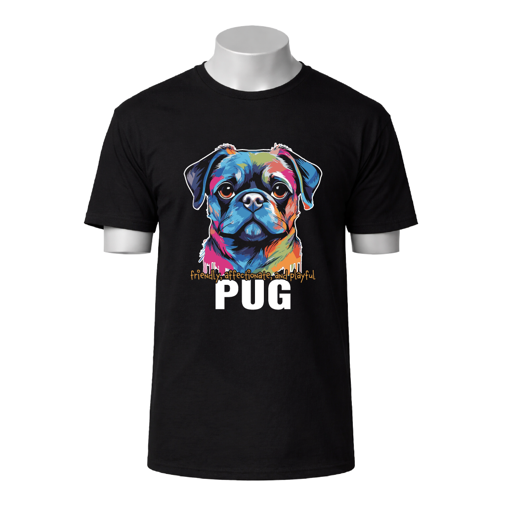 Black t-shirt with a colorful pug graphic and text on a white background