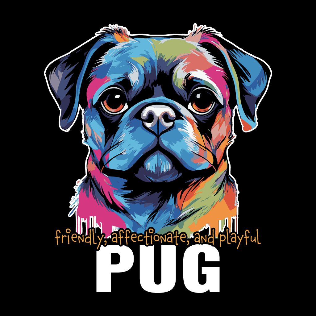 Colorful pug illustration with text on a black background