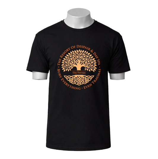 Black t-shirt with a gold tree design and text on a white background