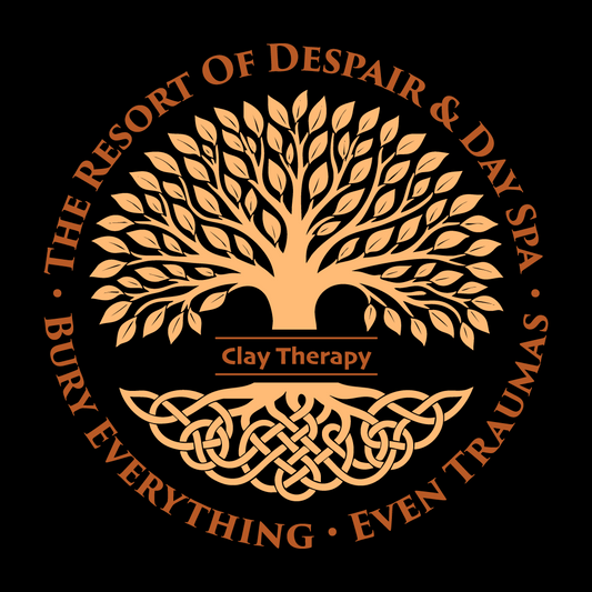 Logo of 'The Resort of Despair & Day Spa' with a tree design and text on a black background.
