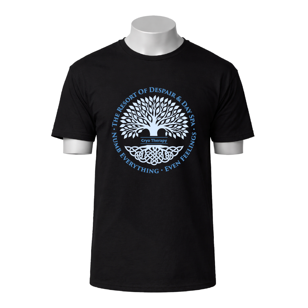 Black t-shirt with a white tree design and text on a white background