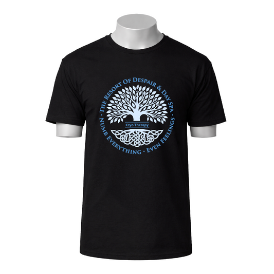 Black t-shirt with a white tree design and text on a white background