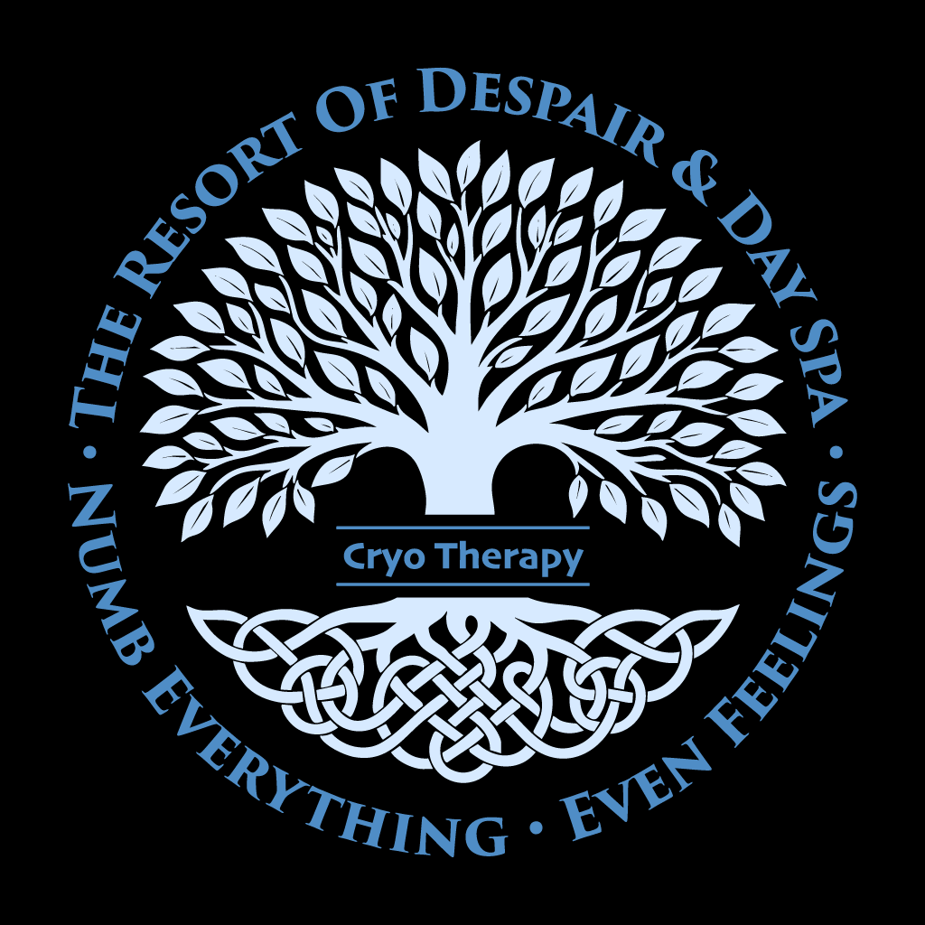 Logo of 'The Resort of Despair & Day Spa' with a tree design on a black background.