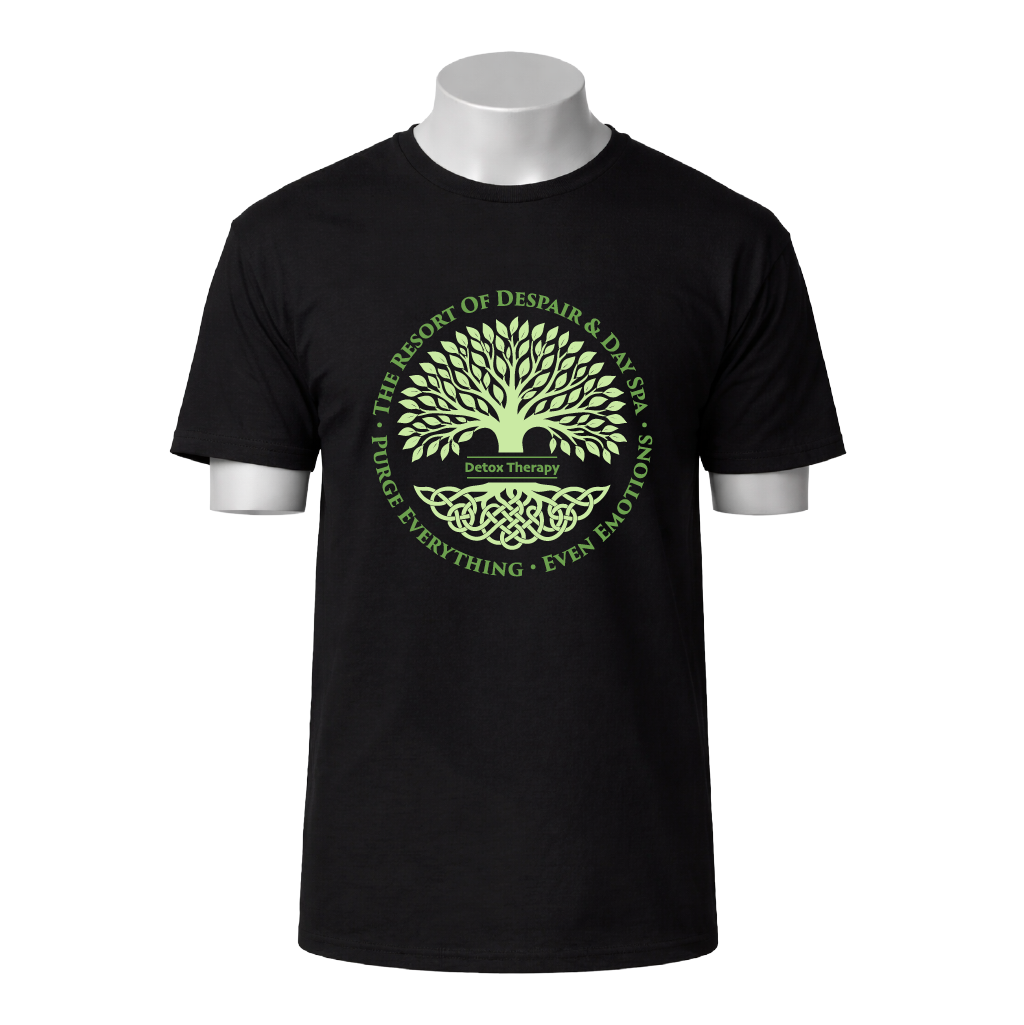 Black t-shirt with green tree design and text on a white background