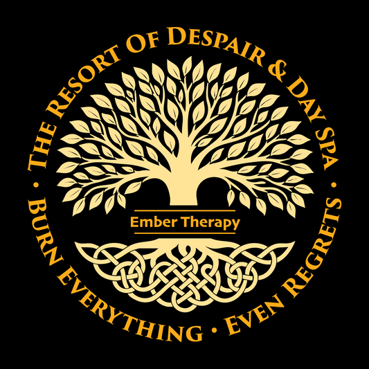 Logo of 'The Resort of Despair & Day Spa' with a tree design and text on a black background.