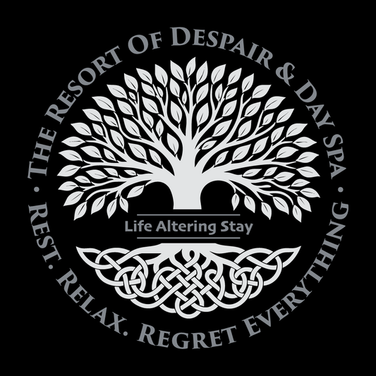 Logo with a tree design and text on a black background