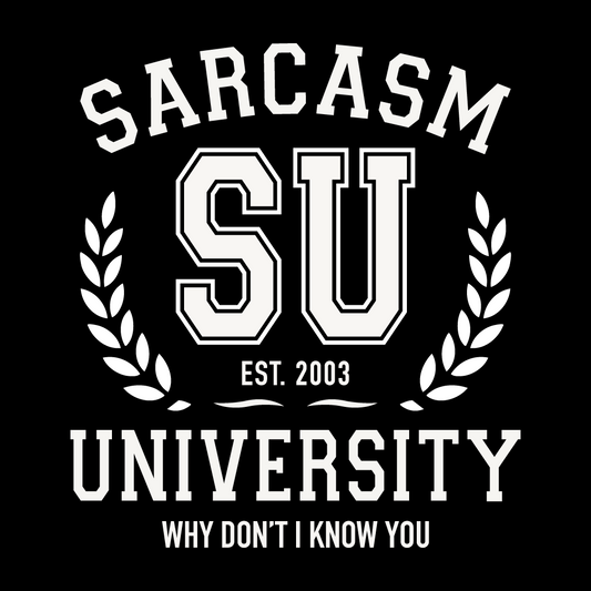 Sarcasm University logo with laurel wreath on a black background