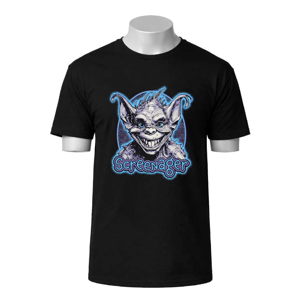 Black t-shirt with a graphic of a goblin-like creature and 'Screenager' text on a white background