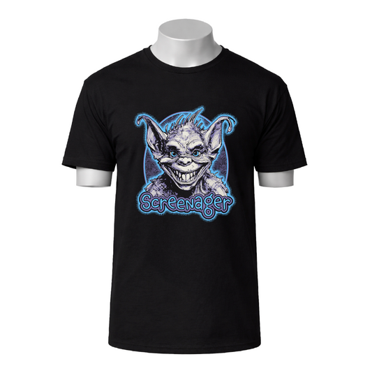 Black t-shirt with a graphic of a goblin-like creature and 'Screenager' text on a white background