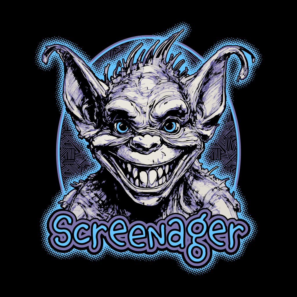 Cartoonish goblin-like creature with blue accents and 'Screenager' text on a black background