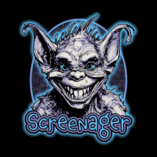 Cartoonish goblin-like creature with blue accents and 'Screenager' text on a black background