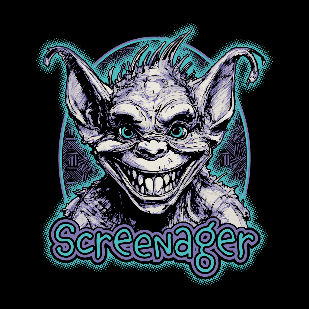 Cartoon goblin with teal accents and 'Screenager' text on a black background