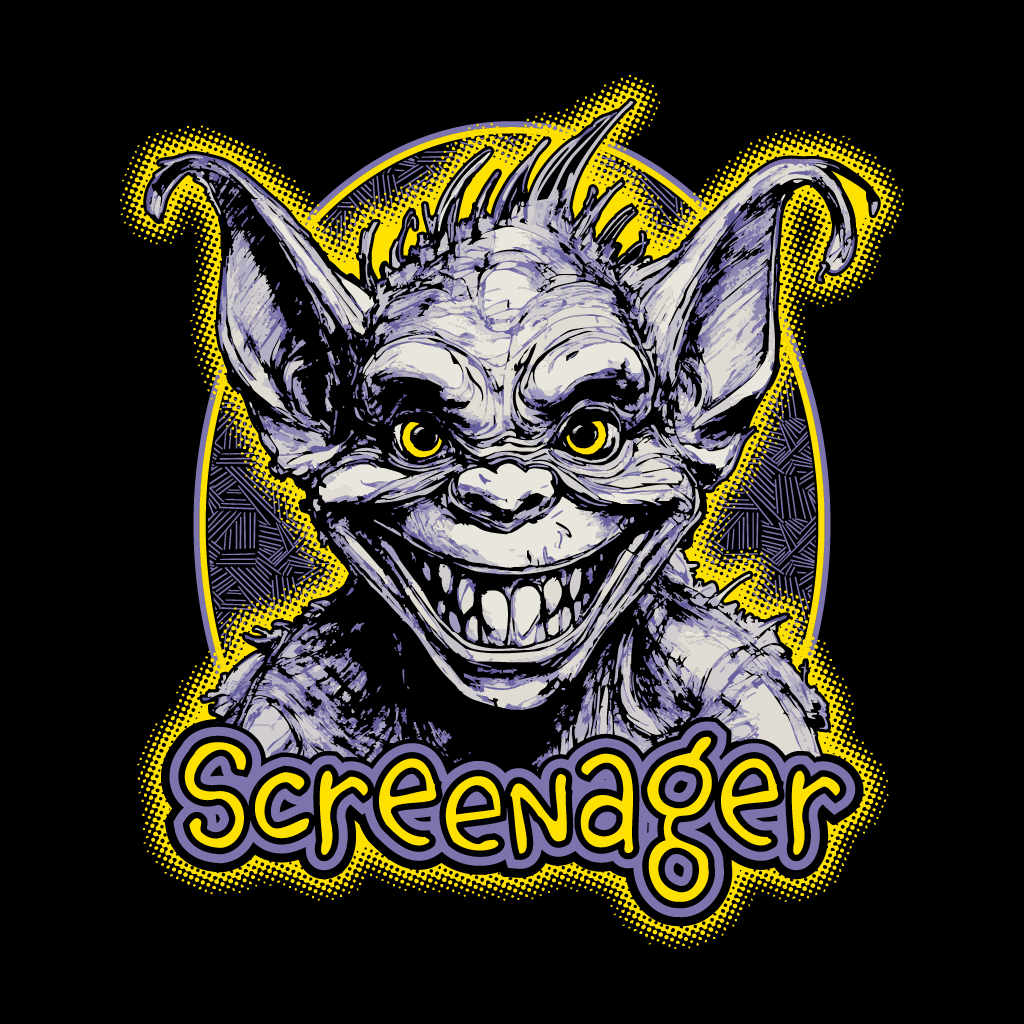 Cartoon goblin with yellow accents and 'Screenerger' text on a black background