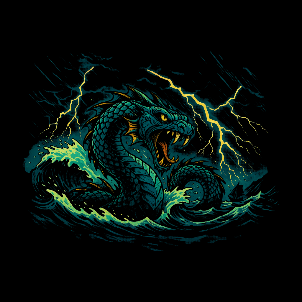 Dragon illustration with lightning on a black background