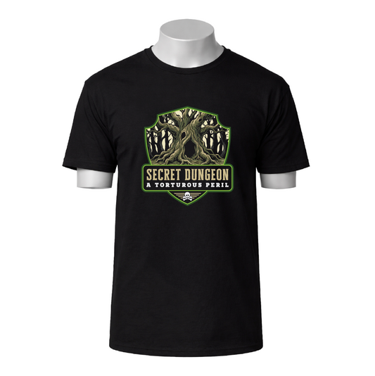 Black t-shirt with a graphic design featuring a tree and text on a white background