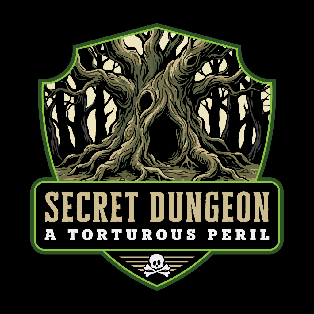 Logo for 'Secret Dungeon: A Torturous Peril' with a tree and skull design on a black background.