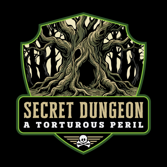 Logo for 'Secret Dungeon: A Torturous Peril' with a tree and skull design on a black background.