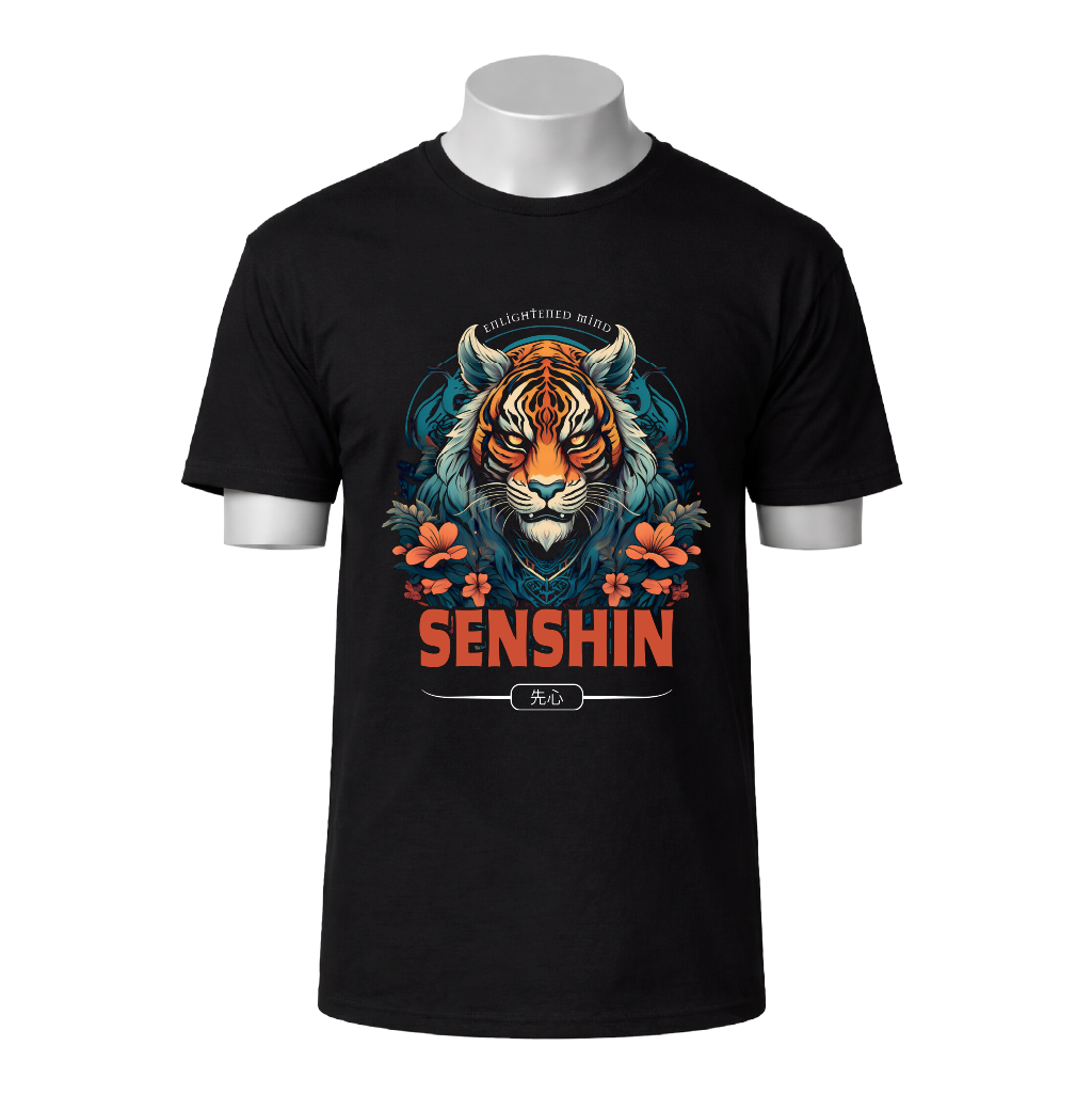 Black t-shirt with a tiger graphic and 'Senshin' text on a white background