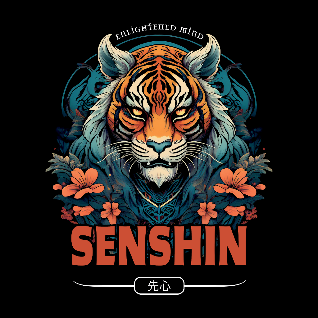 Tiger head design with floral elements and 'Senshin' text on a black background