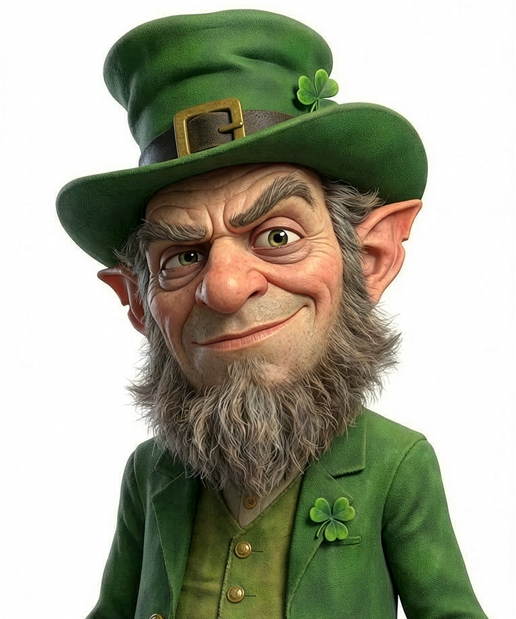 Cartoonish leprechaun character with a green hat and coat on a white background