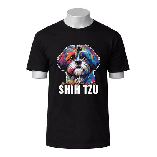 Black t-shirt with a colorful Shih Tzu graphic and text on a white background