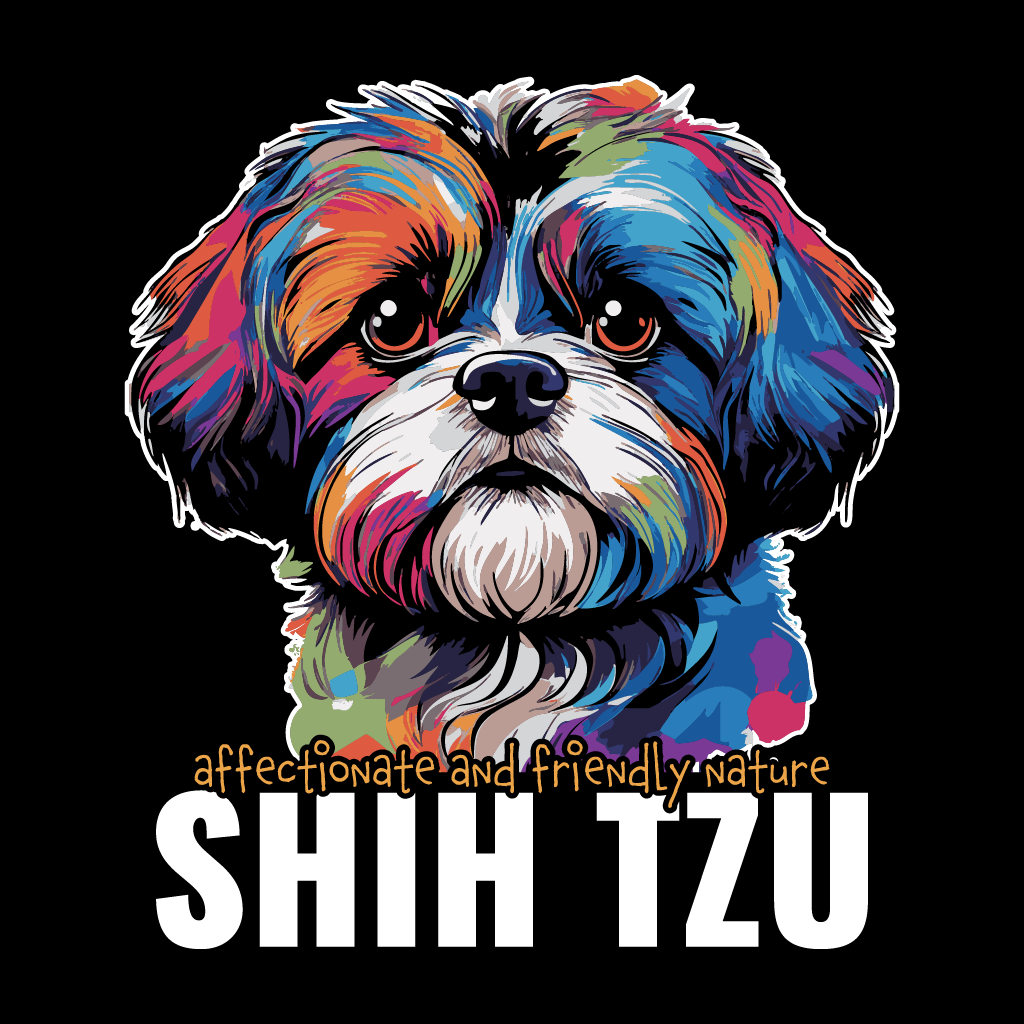 Colorful Shih Tzu illustration with text on a black background