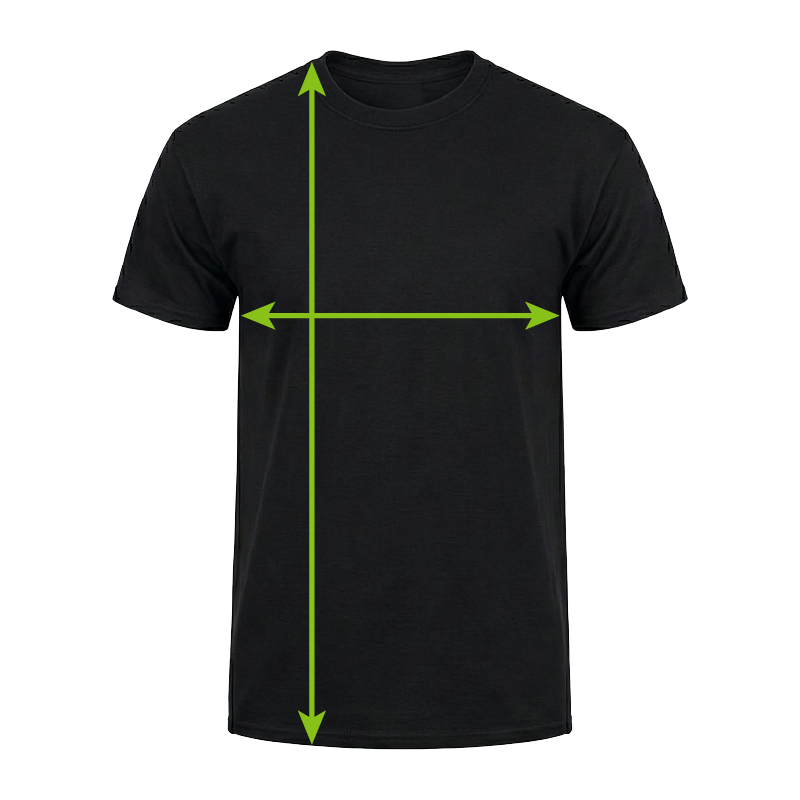 Black t-shirt with green measurement lines on a white background