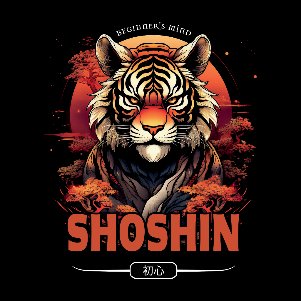 Tiger illustration with 'SHOSHIN' text and sunset background on a black background