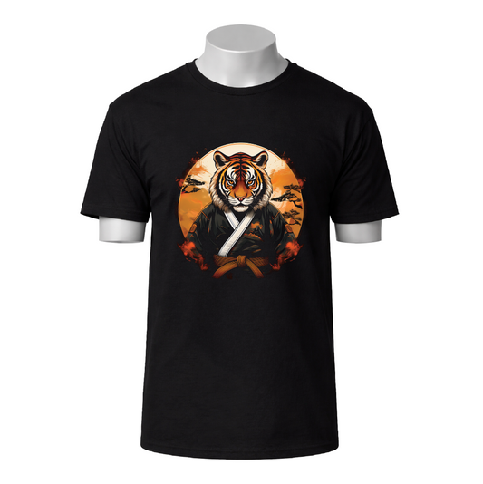 Black t-shirt with a tiger design on a white background