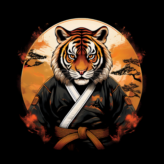 Tiger in a samurai outfit with a fiery background