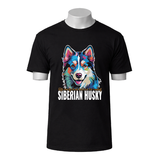 Black t-shirt with a colorful Siberian Husky graphic and text on a white background