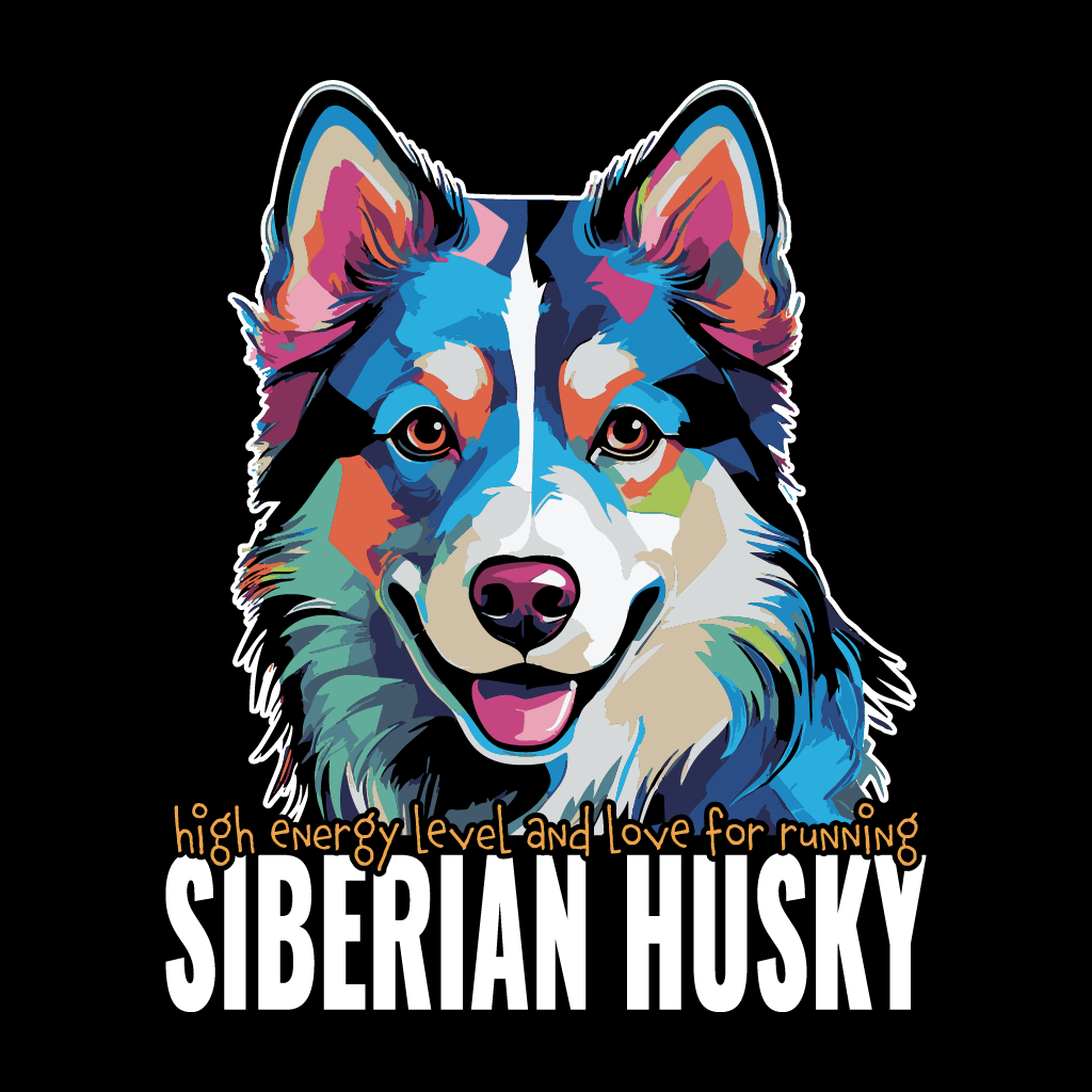 Colorful illustration of a Siberian Husky with text on a black background