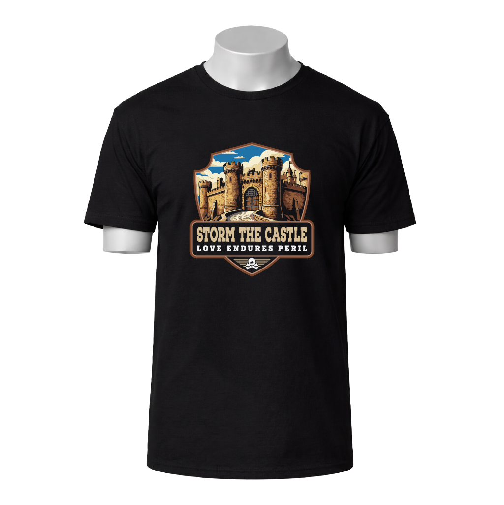 Black t-shirt with castle graphic and text 'Storm The Castle Love Endures Peril' on a white background