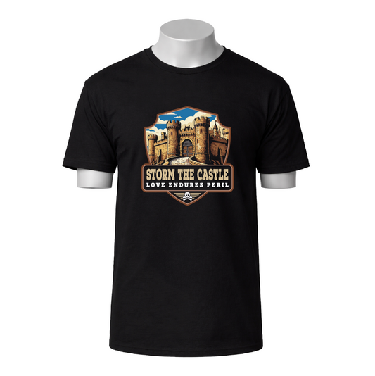 Black t-shirt with castle graphic and text 'Storm The Castle Love Endures Peril' on a white background