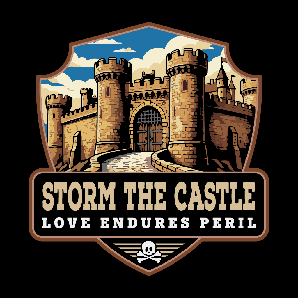 Logo with a castle design and text 'Storm the Castle Love Endures Peril' on a black background