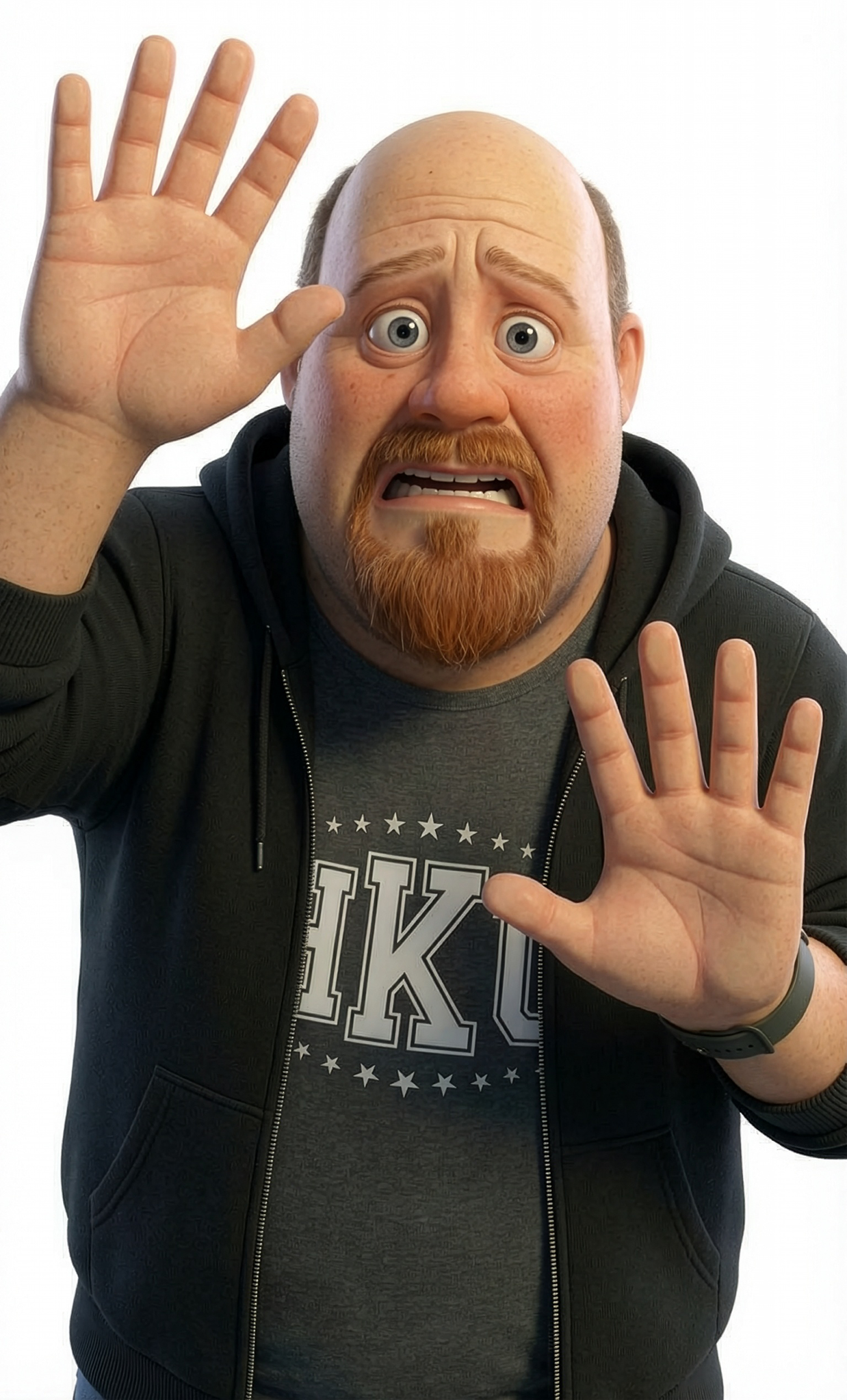 Person wearing a mask with exaggerated facial features and a black hoodie with 'HKG' text.