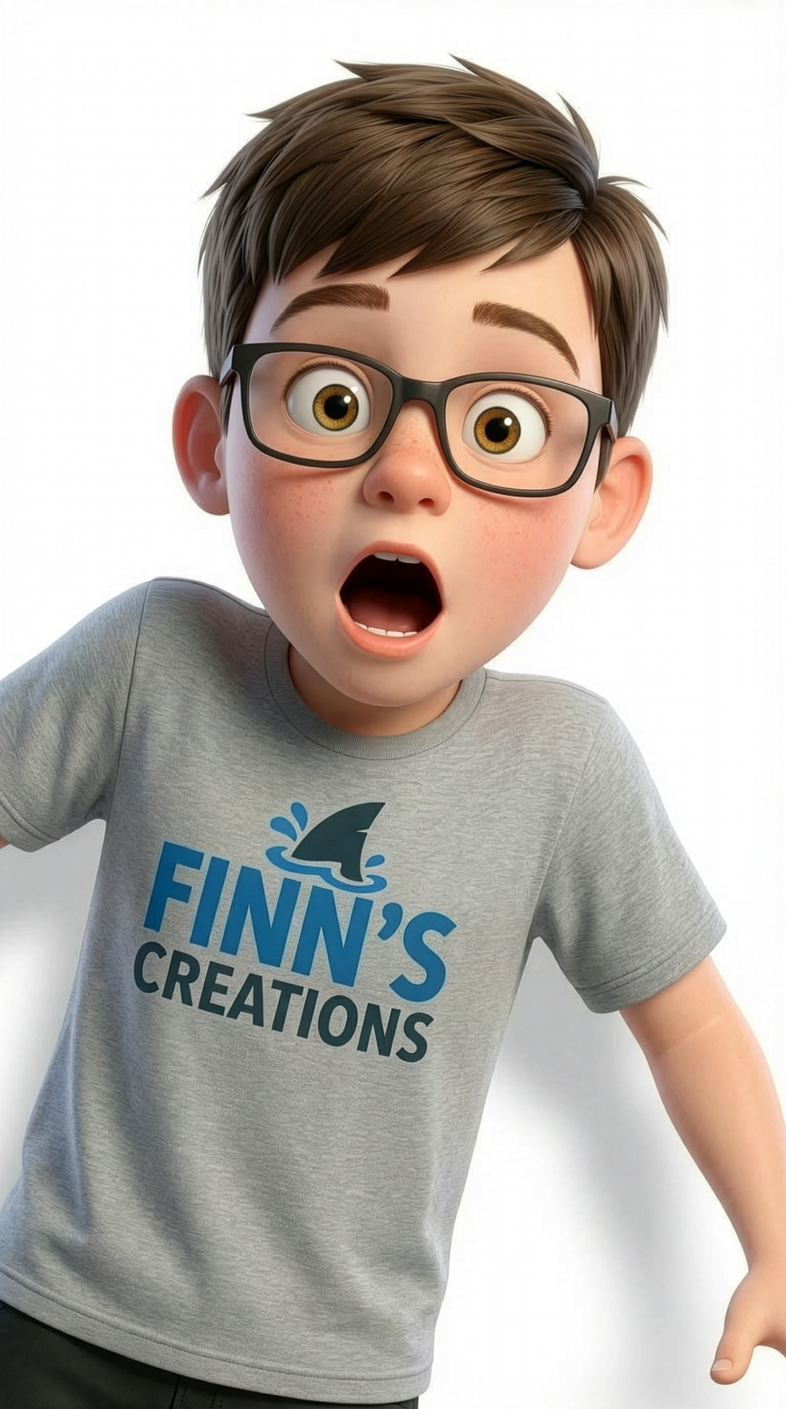 Animated character wearing a gray t-shirt with 'FINN'S CREATIONS' text on a white background